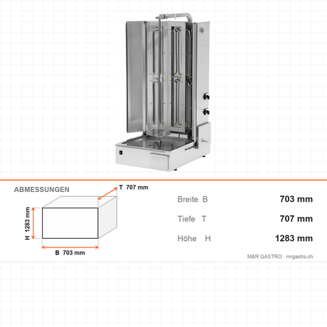 Elektro-Dönergrill, Motor unten, 2 Heizstufen, 9 kW, 703×707×1283 mm – Abmessungen