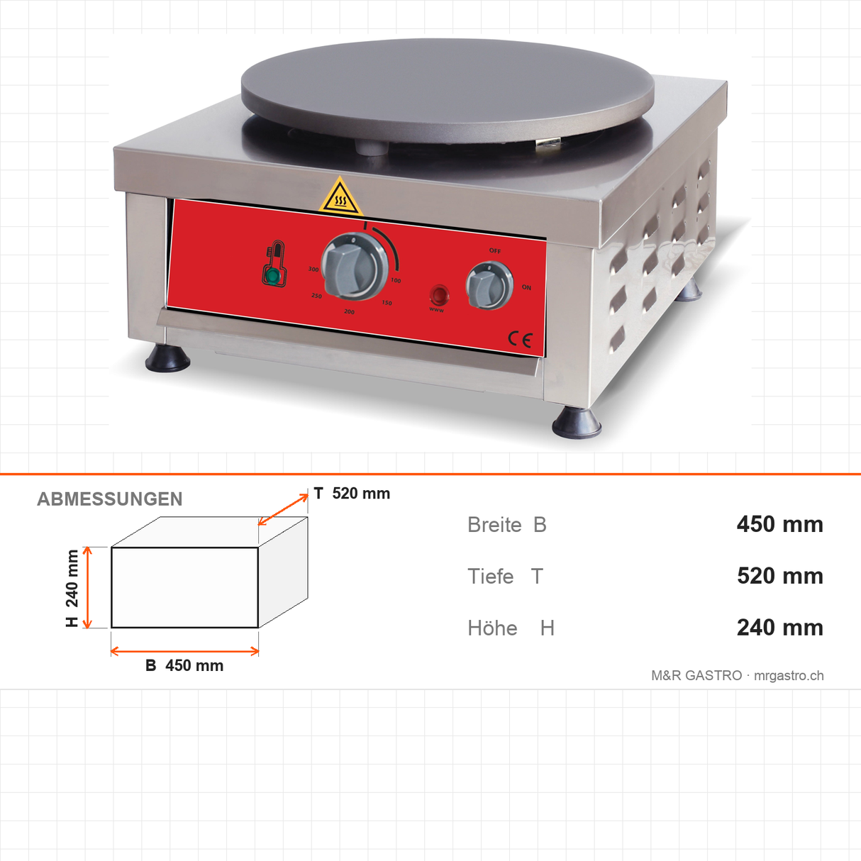 Crêpes-Maschine elektrisch, einzeln, Ø 40 cm, 2,2 kW, 450×520×240 mm, Edelstahl – Abmessungen