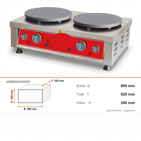 Crêpes-Maschine elektrisch, doppelt, 2x Ø 40 cm, 4,4 kW, 900×520×240 mm, Edelstahl – Abmessungen