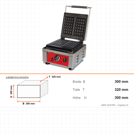 Waffeleisen elektrisch, einzeln, 2x Waffelfläche 10×17 cm, 2,2 kW, 300×320×300 mm, Edelstahl – Abmessungen