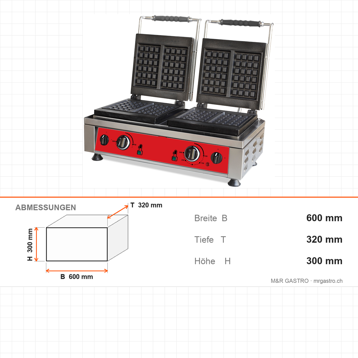 Waffeleisen elektrisch, doppelt, 4x Waffelfläche 10×17 cm, 4,4 kW, 600×320×300 mm, Edelstahl – Abmessungen