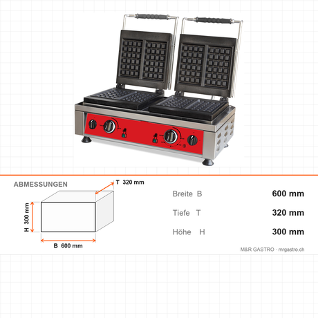 Waffeleisen elektrisch, doppelt, 4x Waffelfläche 10×17 cm, 4,4 kW, 600×320×300 mm, Edelstahl – Abmessungen