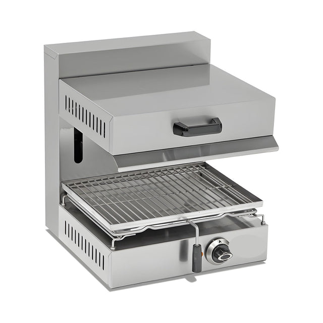 Elektro-Salamander 3 kW, höhenverstellbar, Thermostat, 650×502×517 mm, Edelstahl – Produktbild