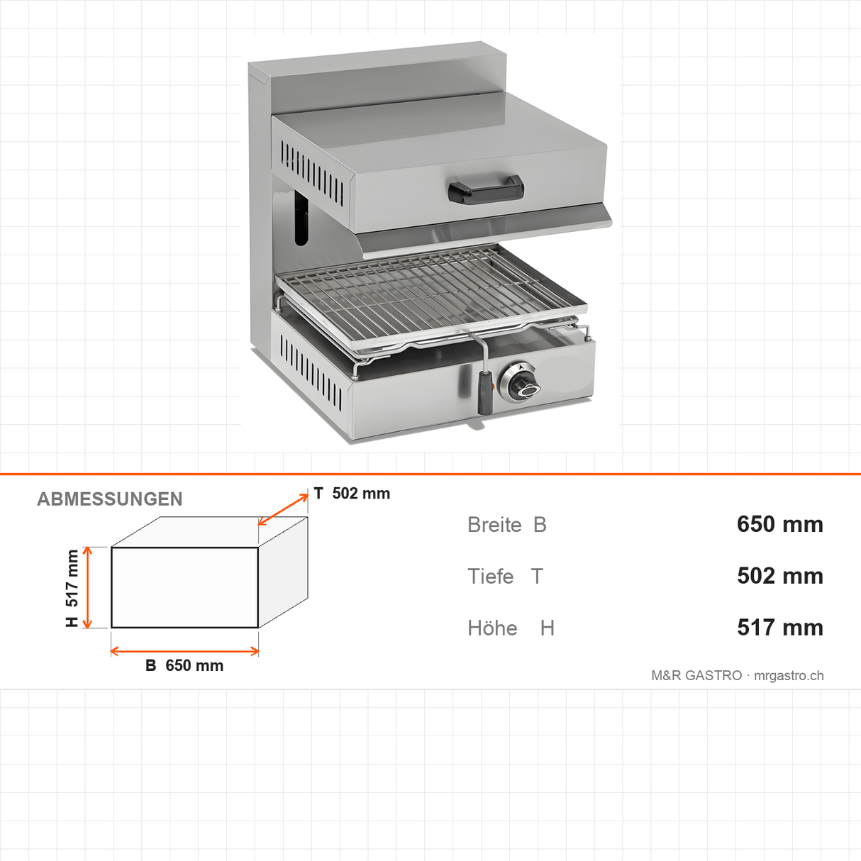 Elektro-Salamander 3 kW, höhenverstellbar, Thermostat, 650×502×517 mm, Edelstahl – Abmessungen