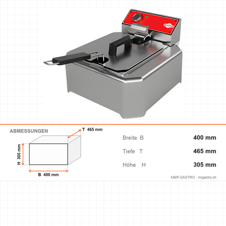 Mini Elektro Fritteuse, 5 Liter, 3 kW, GN 1/2, 400×465×305 mm – Abmessungen