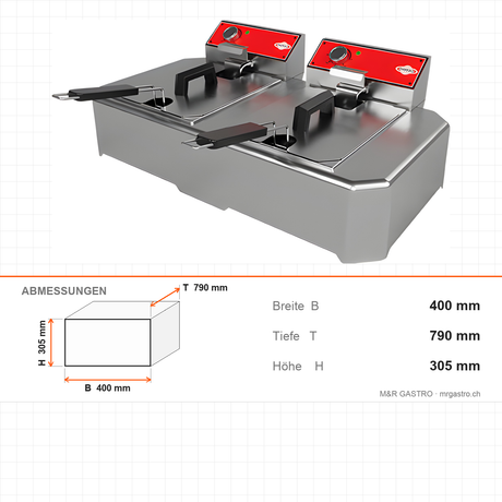 Mini Elektro Fritteuse, 2x 5 Liter, 6 kW, GN 1/2, 400×790×305 mm – Abmessungen