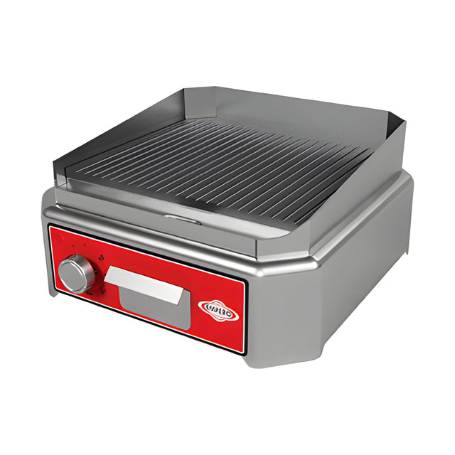 Elektro Grillplatte, geriffelte Platte, 2,5 kW, Edelstahl, Thermostat 50–300 °C, Ölauffangbehälter, Tischgerät, 400×425×190 mm – Produktbild