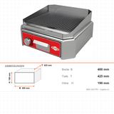 Elektro Grillplatte, geriffelte Platte, 2,5 kW, Edelstahl, Thermostat 50–300 °C, Ölauffangbehälter, Tischgerät, 400×425×190 mm – Abmessungen