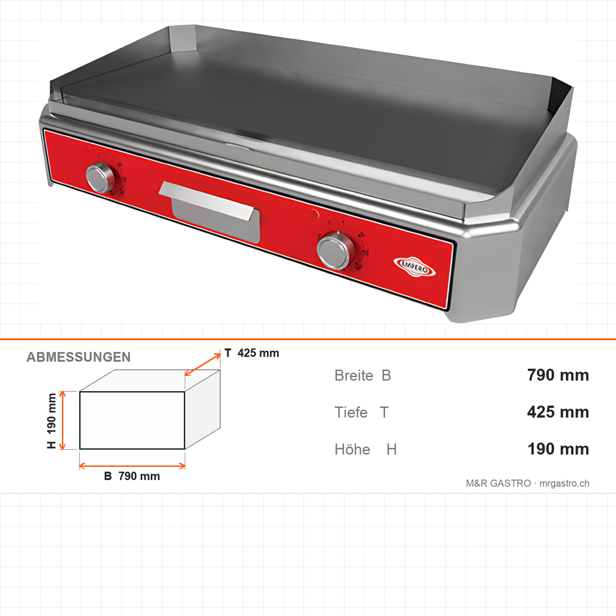 Elektro Grillplatte, glatte Platte, 5 kW, Edelstahl, Thermostat 50–300 °C, Ölauffangbehälter, Tischgerät, 790×425×190 mm – Abmessungen