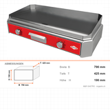 Elektro Grillplatte, glatte Platte, 5 kW, Edelstahl, Thermostat 50–300 °C, Ölauffangbehälter, Tischgerät, 790×425×190 mm – Abmessungen
