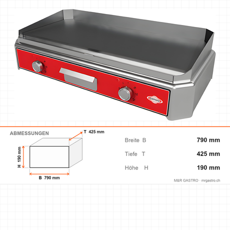 Elektro Grillplatte, glatte Platte, 5 kW, Edelstahl, Thermostat 50–300 °C, Ölauffangbehälter, Tischgerät, 790×425×190 mm – Abmessungen