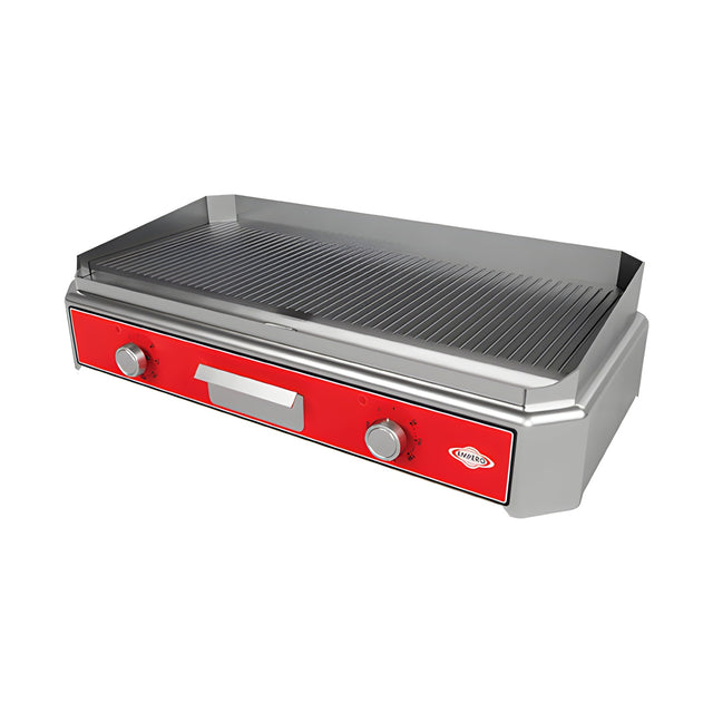 Elektro Grillplatte, geriffelte Platte, 5 kW, Edelstahl, Thermostat 50–300 °C, Ölauffangbehälter, Tischgerät, 790×425×190 mm – Produktbild
