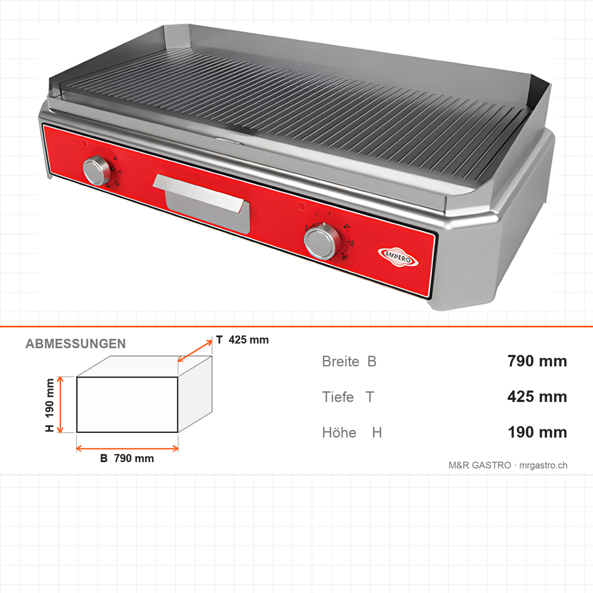 Elektro Grillplatte, geriffelte Platte, 5 kW, Edelstahl, Thermostat 50–300 °C, Ölauffangbehälter, Tischgerät, 790×425×190 mm – Abmessungen