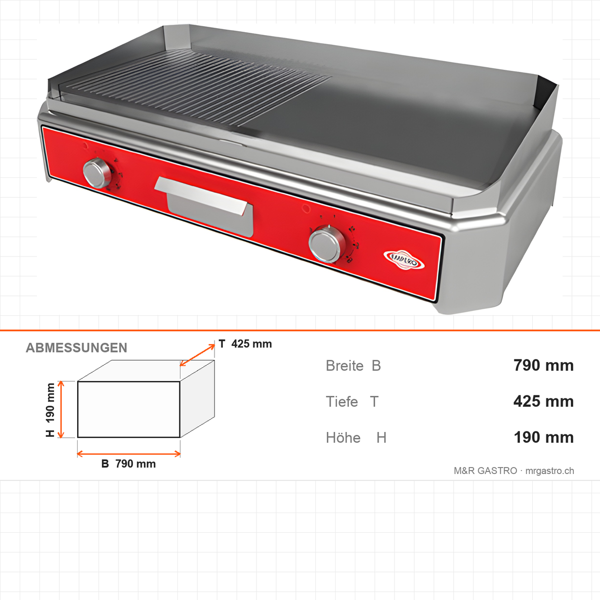 Elektro Grillplatte, glatt und geriffelt, 5 kW, Edelstahl, Thermostat 50–300 °C, Ölauffangbehälter, Tischgerät, 790×425×190 mm – Abmessungen