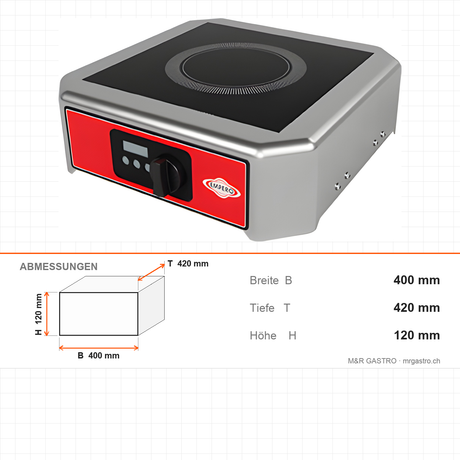 Induktionskochfeld, 1 Zone, 3,5 kW, Timer, Überhitzungsschutz, 400×420×120 mm, Edelstahl – Abmessungen