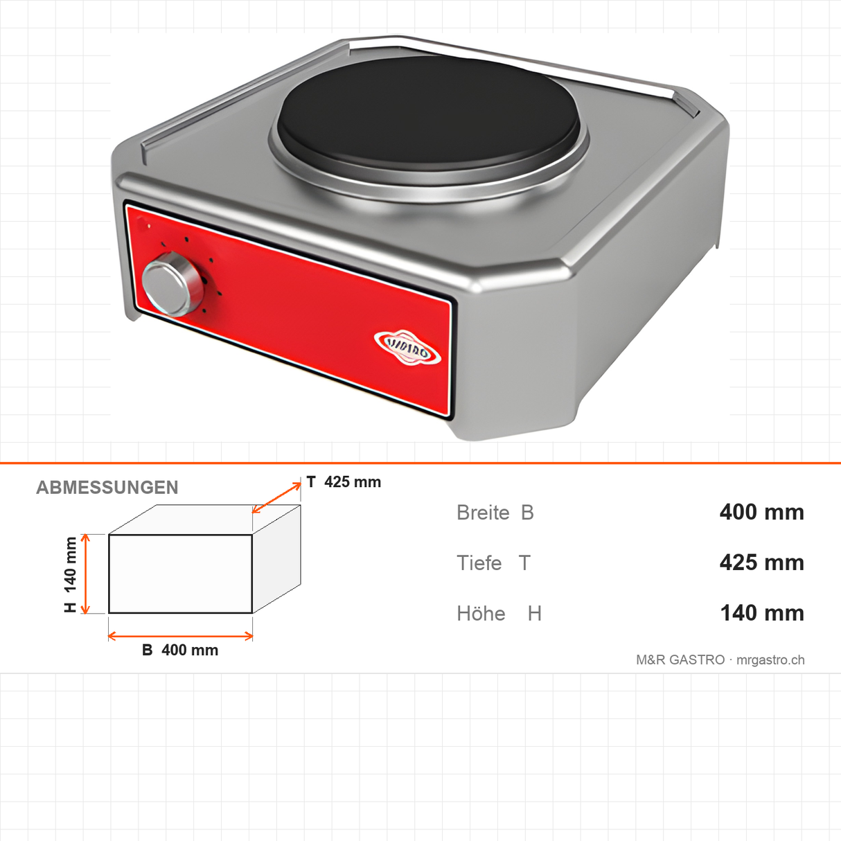 Elektroherd mit Kochplatten, 1 Kochplatte Ø 225 mm, 2 kW, 6-Stufen-Schalter, 400×425×140 mm, Edelstahl – Abmessungen