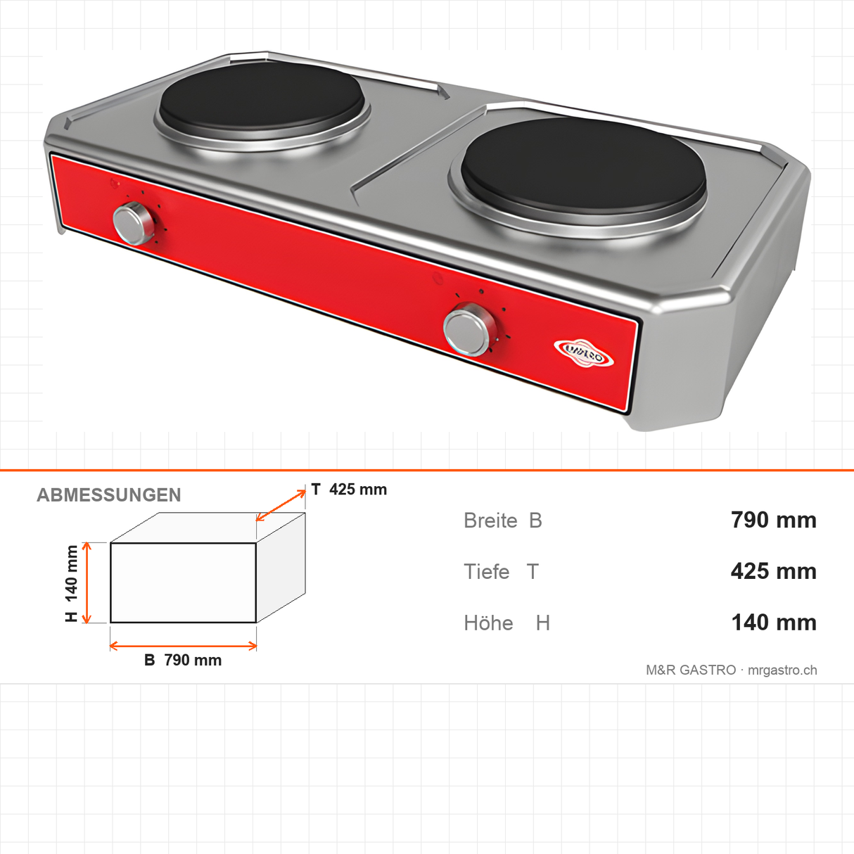 Elektroherd mit Kochplatten, 2 Kochplatten Ø 225 mm, 4 kW, 6-Stufen-Schalter, 790×425×140 mm, Edelstahl – Abmessungen