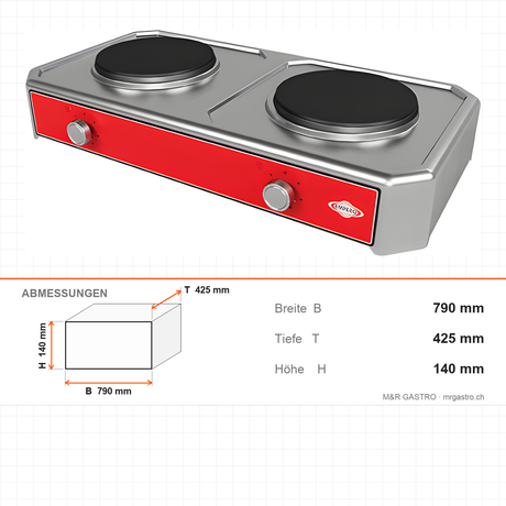 Elektroherd mit Kochplatten, 2 Kochplatten Ø 225 mm, 4 kW, 6-Stufen-Schalter, 790×425×140 mm, Edelstahl – Abmessungen