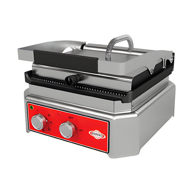 Kontaktgrill Toaster, Gusseisenplatte, 2,5 kW, Edelstahl, Thermostat 50–300 °C, abnehmbares Krümelfach, Tischgerät, 400×440×260 mm – Produktbild