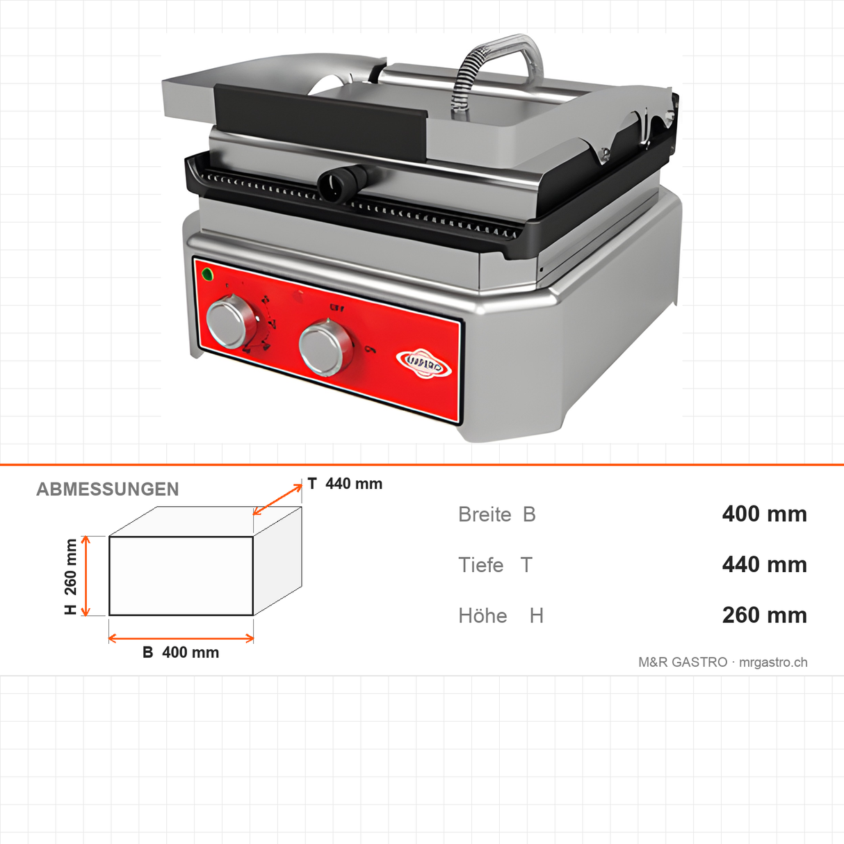 Kontaktgrill Toaster, Gusseisenplatte, 2,5 kW, Edelstahl, Thermostat 50–300 °C, abnehmbares Krümelfach, Tischgerät, 400×440×260 mm – Abmessungen