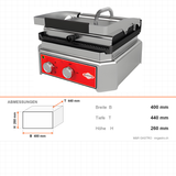 Kontaktgrill Toaster, Gusseisenplatte, 2,5 kW, Edelstahl, Thermostat 50–300 °C, abnehmbares Krümelfach, Tischgerät, 400×440×260 mm – Abmessungen