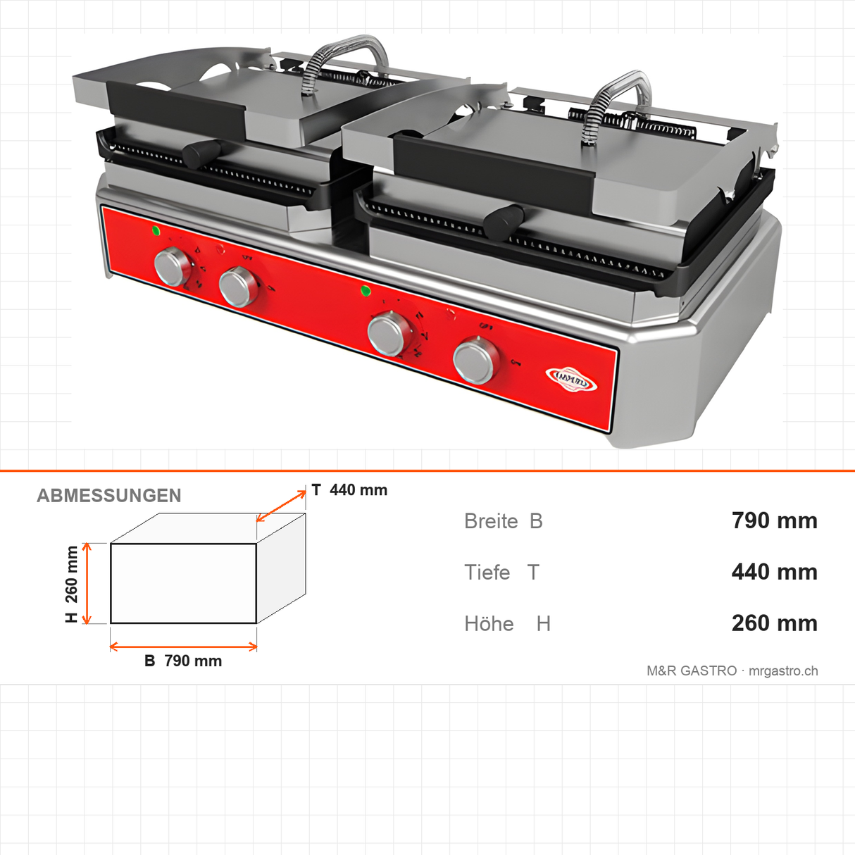 Kontaktgrill Toaster, Doppelgerät, Gusseisenplatte, 5 kW, Edelstahl, Thermostat 50–300 °C, abnehmbares Krümelfach, Tischgerät, 790×440×260 mm – Abmessungen