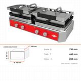 Kontaktgrill Toaster, Doppelgerät, Gusseisenplatte, 5 kW, Edelstahl, Thermostat 50–300 °C, abnehmbares Krümelfach, Tischgerät, 790×440×260 mm – Abmessungen