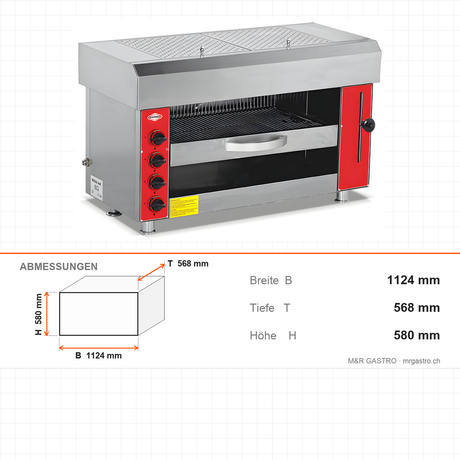 Gas-Salamander 17,5 kW, 5 Brenner, höhenverstellbar, 1124×568×580 mm, Edelstahl – Abmessungen