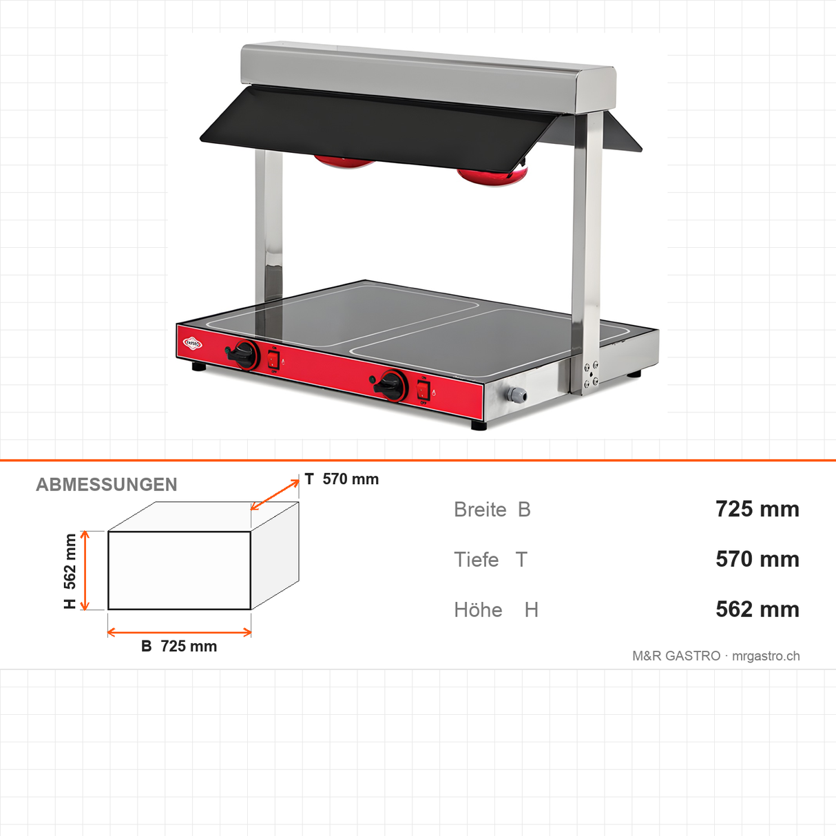 Warmhaltevitrine, 2x GN 1/1, 1,3 kW, Digitalsteuerung, Edelstahl, 725×570×562 mm – Abmessungen