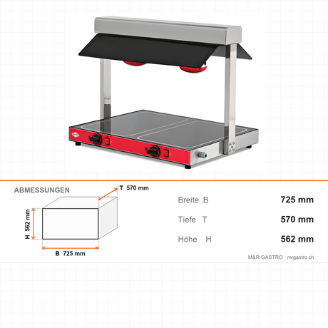 Warmhaltevitrine, 2x GN 1/1, 1,3 kW, Digitalsteuerung, Edelstahl, 725×570×562 mm – Abmessungen