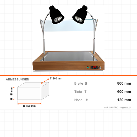 Warmhaltevitrine, 1,3 kW, 2x GN 1/1, 800 mm, Holzgehäuse, Digitalsteuerung, Niessschutz – Abmessungen