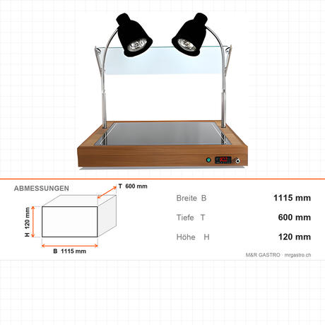 Warmhaltevitrine, 1,8 kW, 3x GN 1/1, 1115 mm, Holzgehäuse, Digitalsteuerung, Niessschutz – Abmessungen