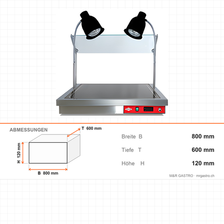 Warmhaltevitrine, 2x GN 1/1, 1,3 kW, Digitalsteuerung, Edelstahl, 800×600×120 mm – Abmessungen