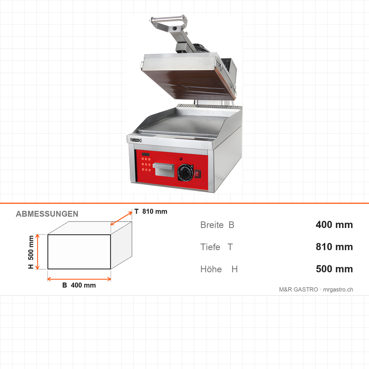Kontaktgrill Toaster, teflonbeschichtete Oberplatte, 6 kW, getrennte Thermostate, max. 250/300 °C, Stahlplatten, 400×810×500 mm – Abmessungen