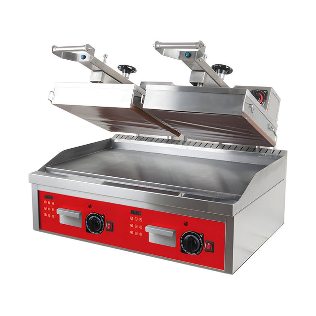 Kontaktgrill Toaster, teflonbeschichtete Oberplatte, 2×6 kW, getrennte Thermostate, max. 250/300 °C, Stahlplatten, 800×800×500 mm – Produktbild