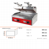 Kontaktgrill Toaster, teflonbeschichtete Oberplatte, 2×6 kW, getrennte Thermostate, max. 250/300 °C, Stahlplatten, 800×800×500 mm – Abmessungen