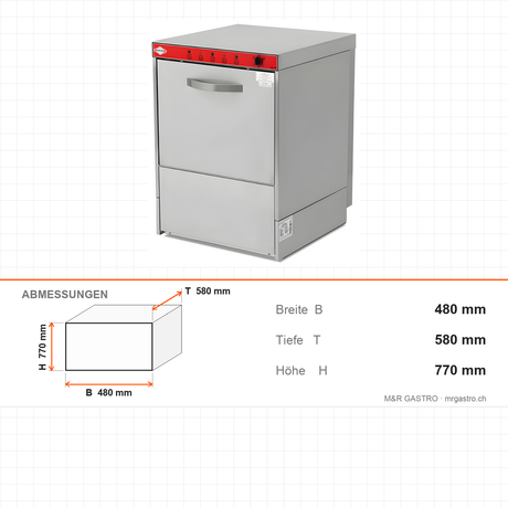 Gläserspülmaschine, 1000 Gläser/Stunde, 3 Programme, Korb 400×400 mm, 2,75 kW, 480×580×770 mm – Abmessungen