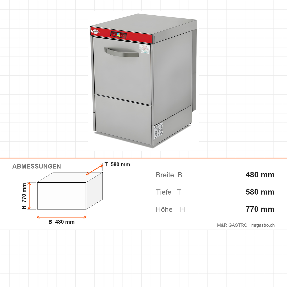 Gläserspülmaschine, Digitalsteuerung, 1000 Gläser/Stunde, 3 Programme, Korb 400×400 mm, 2,75 kW, 480×580×770 mm – Abmessungen