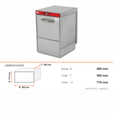 Gläserspülmaschine, Digitalsteuerung, 1000 Gläser/Stunde, 3 Programme, Korb 400×400 mm, 2,75 kW, 480×580×770 mm – Abmessungen