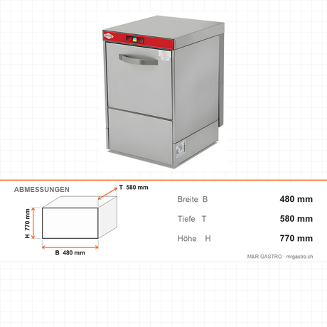 Gläserspülmaschine, Digitalsteuerung, 1000 Gläser/Stunde, 3 Programme, Korb 400×400 mm, 2,75 kW, 480×580×770 mm – Abmessungen