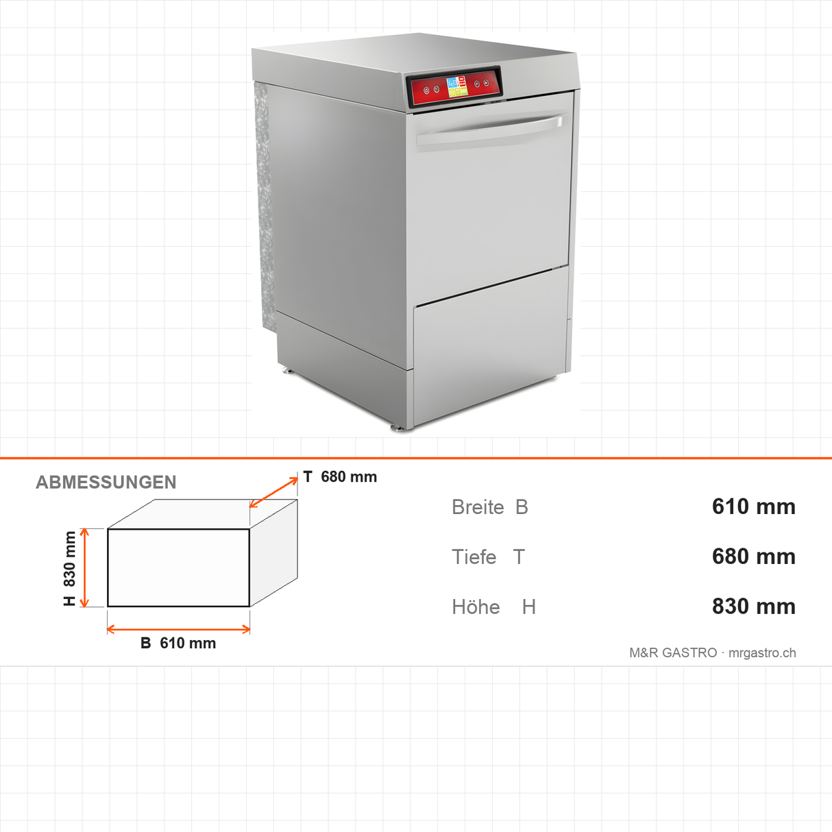 Untertischspülmaschine, doppelwandig, 220V, 500 Teller/Stunde, Korb 500×500 mm, 3,55 kW, 610×680×830 mm – Abmessungen