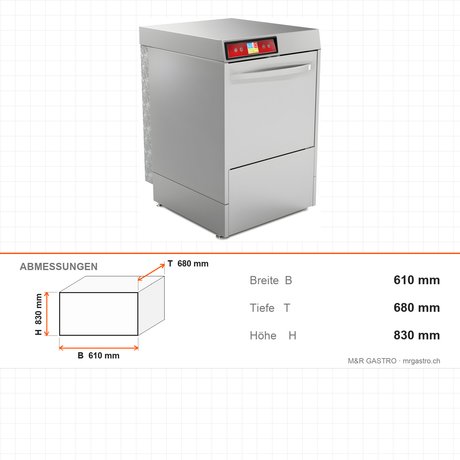 Untertischspülmaschine, doppelwandig, 220V, 500 Teller/Stunde, Korb 500×500 mm, 3,55 kW, 610×680×830 mm – Abmessungen