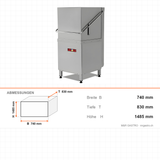 Haubenspülmaschine, doppelwandig, 1000 Teller/Stunde, 4 Programme, Korb 500×500 mm, 9 kW, 740×830×1485 mm – Abmessungen