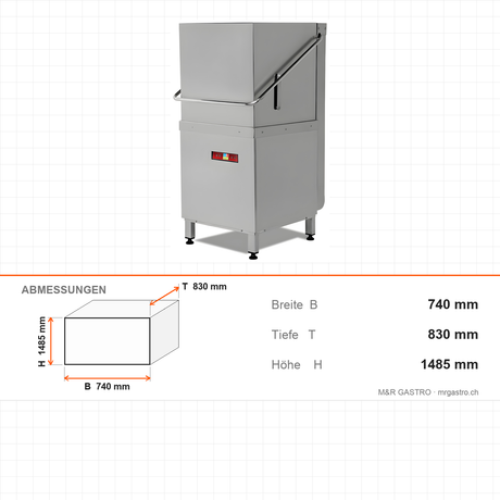 Haubenspülmaschine, doppelwandig, 1000 Teller/Stunde, 4 Programme, Korb 500×500 mm, 9 kW, 740×830×1485 mm – Abmessungen