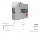 Durchlaufspülmaschine, Trockentunnel rechts, 2200 Teller/Stunde, Korb 500×500 mm, 48 kW, 2130×837×2000 mm – Abmessungen