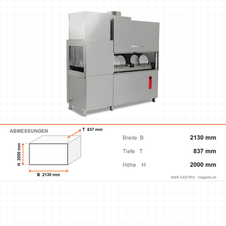 Durchlaufspülmaschine, Trockentunnel rechts, 2200 Teller/Stunde, Korb 500×500 mm, 48 kW, 2130×837×2000 mm – Abmessungen