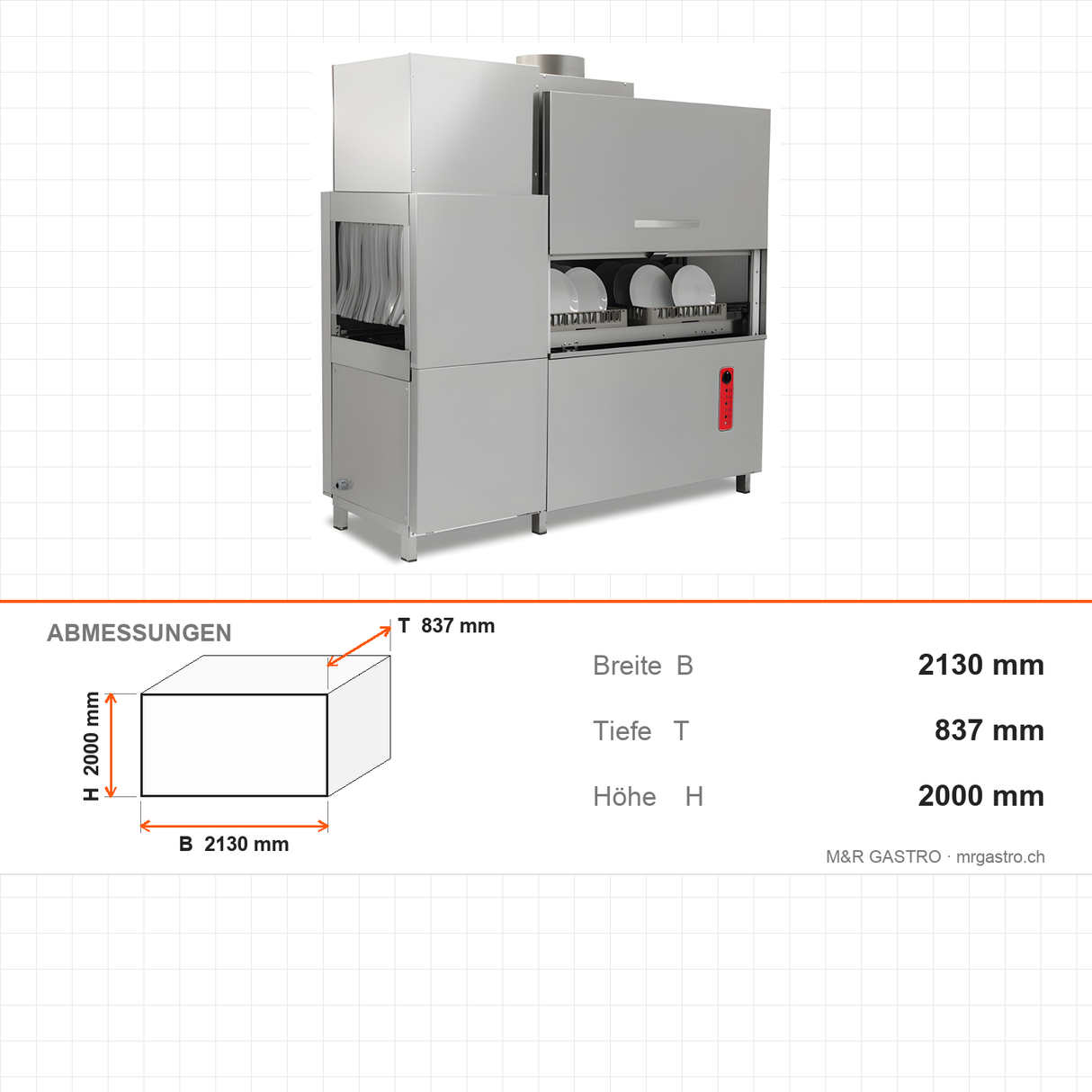 Durchlaufspülmaschine, Trockentunnel links, 2200 Teller/Stunde, Korb 500×500 mm, 48 kW, 2130×837×2000 mm – Abmessungen