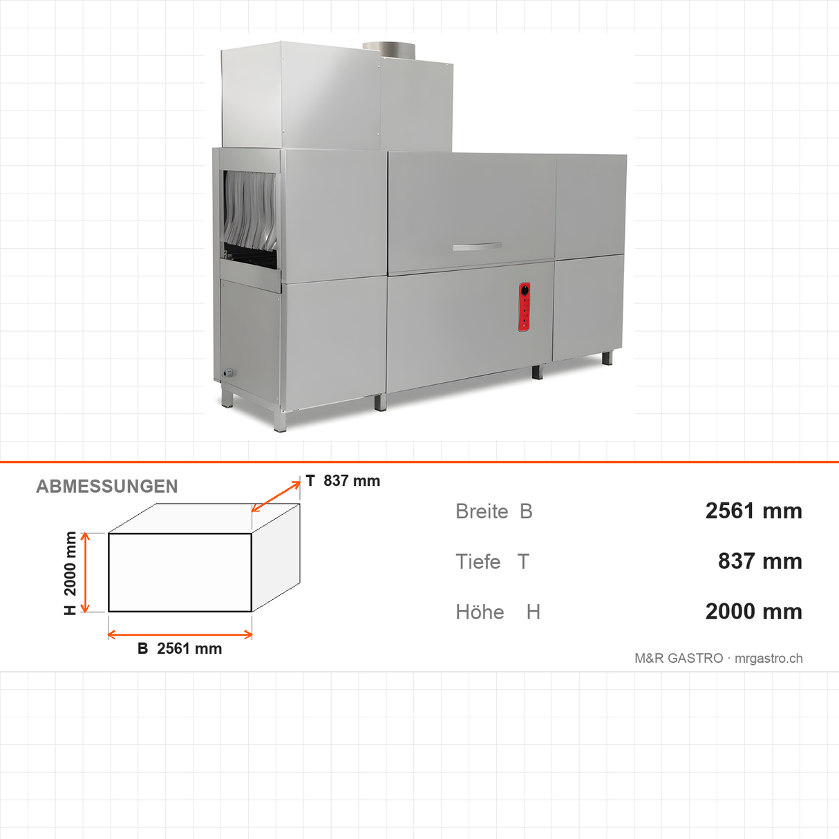 Durchlaufspülmaschine, Trockentunnel und Vorwascheinheit rechts, Korb 500×500 mm, 48 kW, 2561×837×2000 mm – Abmessungen