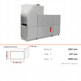 Durchlaufspülmaschine, Trockentunnel und Vorwascheinheit rechts, Korb 500×500 mm, 48 kW, 2561×837×2000 mm – Abmessungen