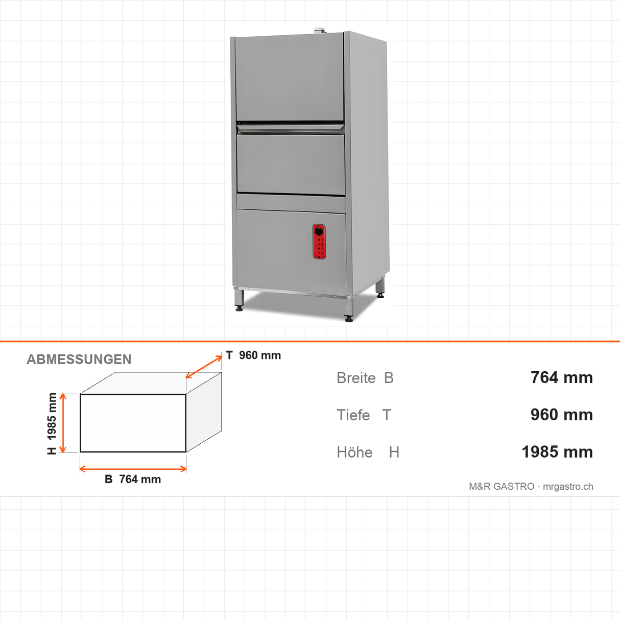 Topfspülmaschine, 30 Körbe/Stunde, 80 L Tank, 3 Programme, 27 kW, 764×960×1985 mm – Abmessungen